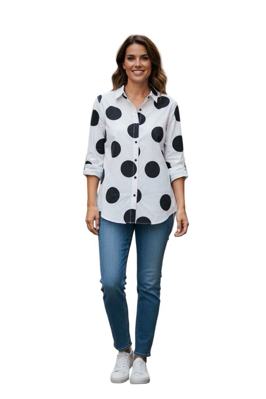 Lane Bryant Womens Black White Polka Dot Button Up Collared Shirt Top sz 18